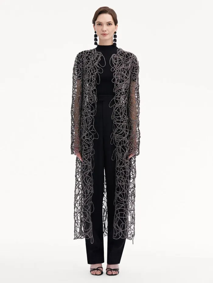 Women Jackets and Coats Oscar De La Renta Crystal Embroidered Cord Coat Black