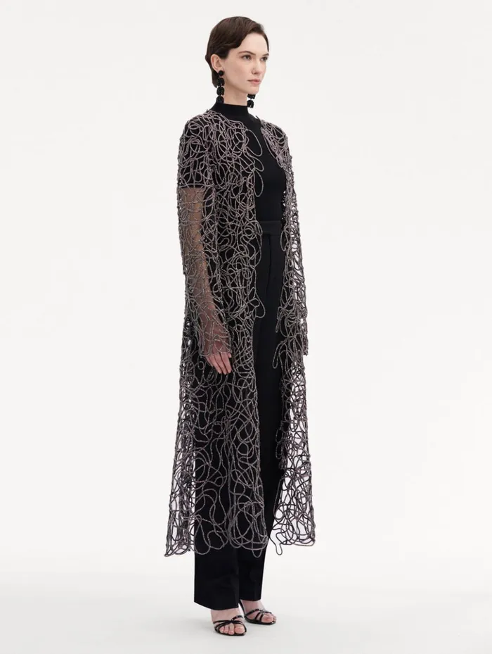 Women Jackets and Coats Oscar De La Renta Crystal Embroidered Cord Coat Black