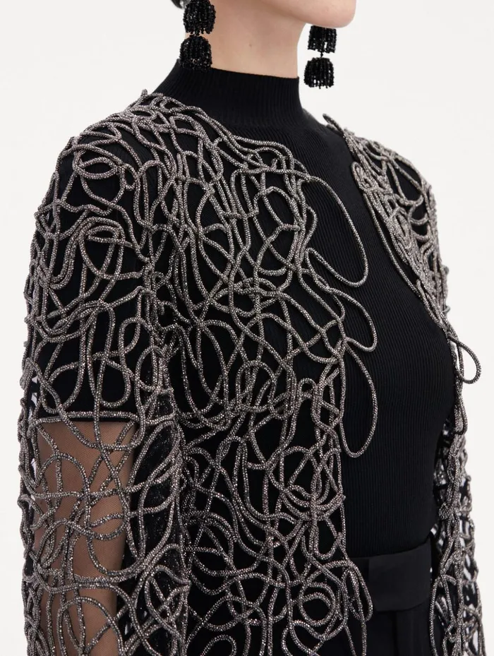 Women Jackets and Coats Oscar De La Renta Crystal Embroidered Cord Coat Black