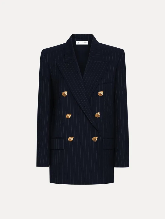 Women Jackets and Coats Oscar De La Renta Pinstriped DoubleBreasted Jacket Navy and White