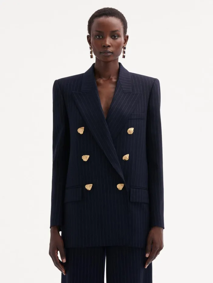 Women Jackets and Coats Oscar De La Renta Pinstriped DoubleBreasted Jacket Navy and White