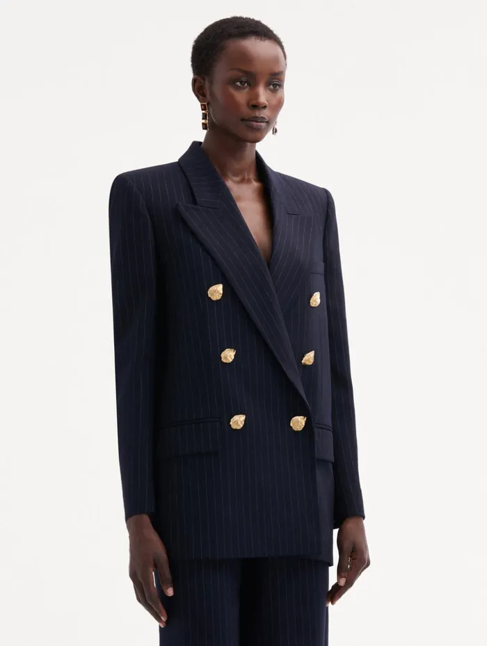Women Jackets and Coats Oscar De La Renta Pinstriped DoubleBreasted Jacket Navy and White