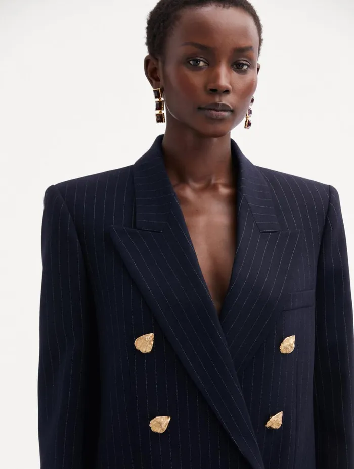 Women Jackets and Coats Oscar De La Renta Pinstriped DoubleBreasted Jacket Navy and White