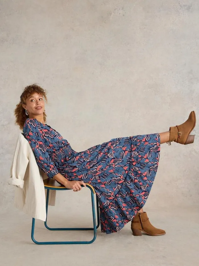 Women Jonie Shirred Jersey Dress Blue Print White Stuff Dresses