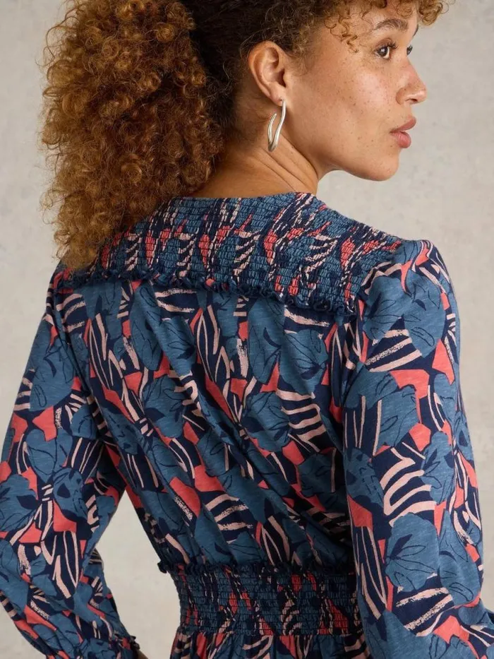 Women Jonie Shirred Jersey Dress Blue Print White Stuff Dresses