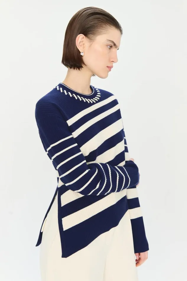 Women Knitwear Jonathan Simkhai Dale Pullover Striped Navy and White Sweater Women Knitwear Jonathan Simkhai Dale Pullover Striped Navy and White Sweater