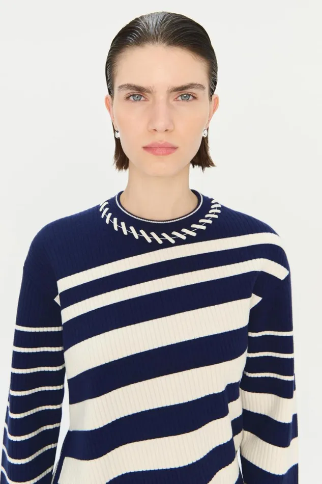 Women Knitwear Jonathan Simkhai Dale Pullover Striped Navy and White Sweater Women Knitwear Jonathan Simkhai Dale Pullover Striped Navy and White Sweater