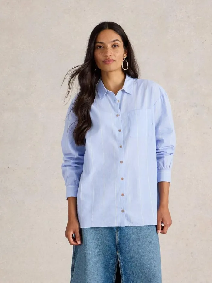 Women Laurel Longline Cotton Shirt Blue Multi White Stuff Shirts and Blouses