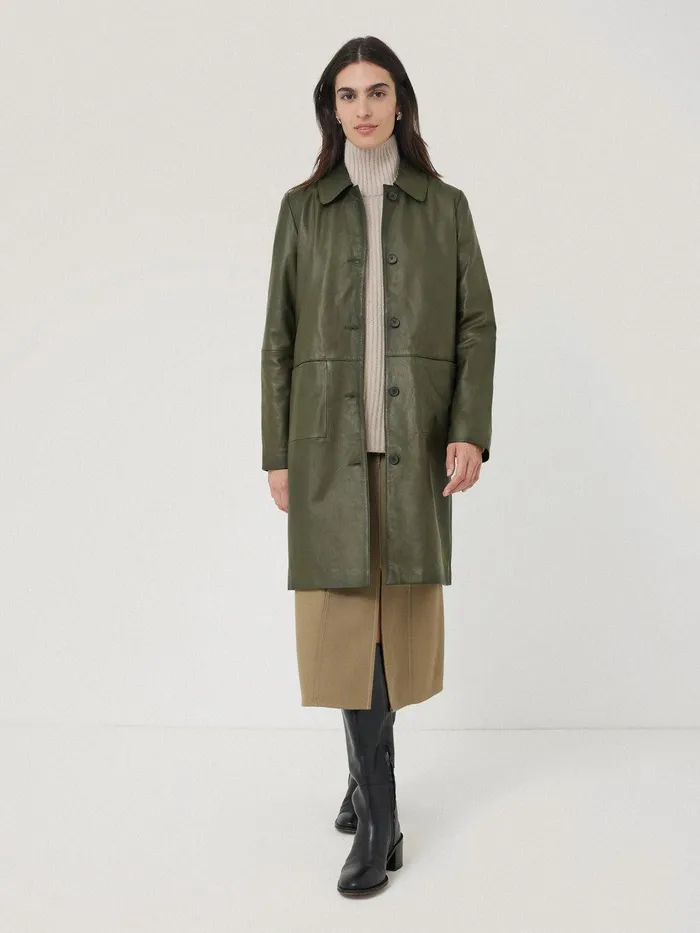 Women Leather Knee Length Coat Green Jigsaw Coats and Jackets