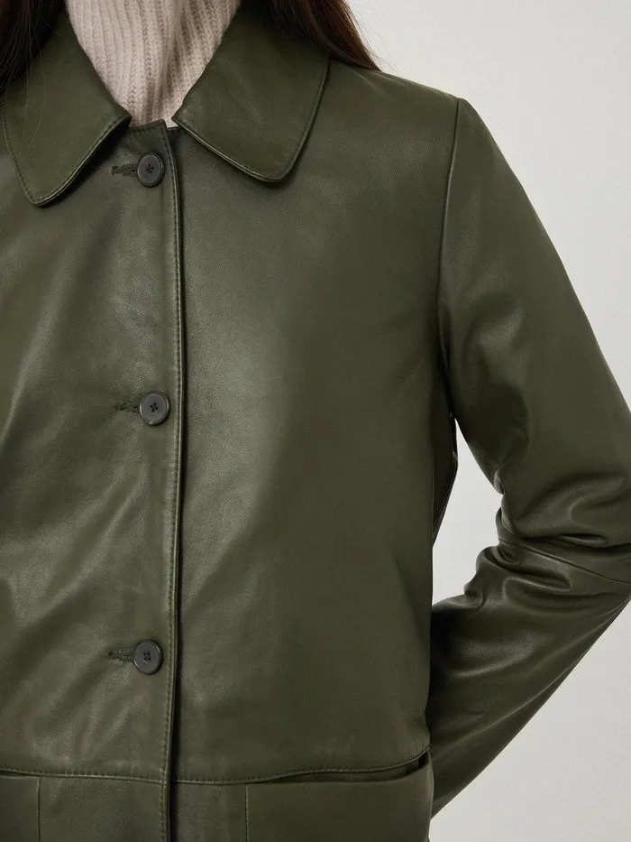 Women Leather Knee Length Coat Green Jigsaw Coats and Jackets