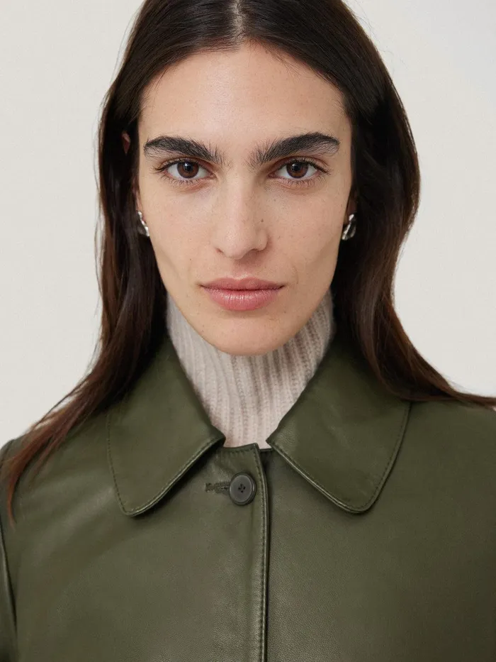 Women Leather Knee Length Coat Green Jigsaw Coats and Jackets