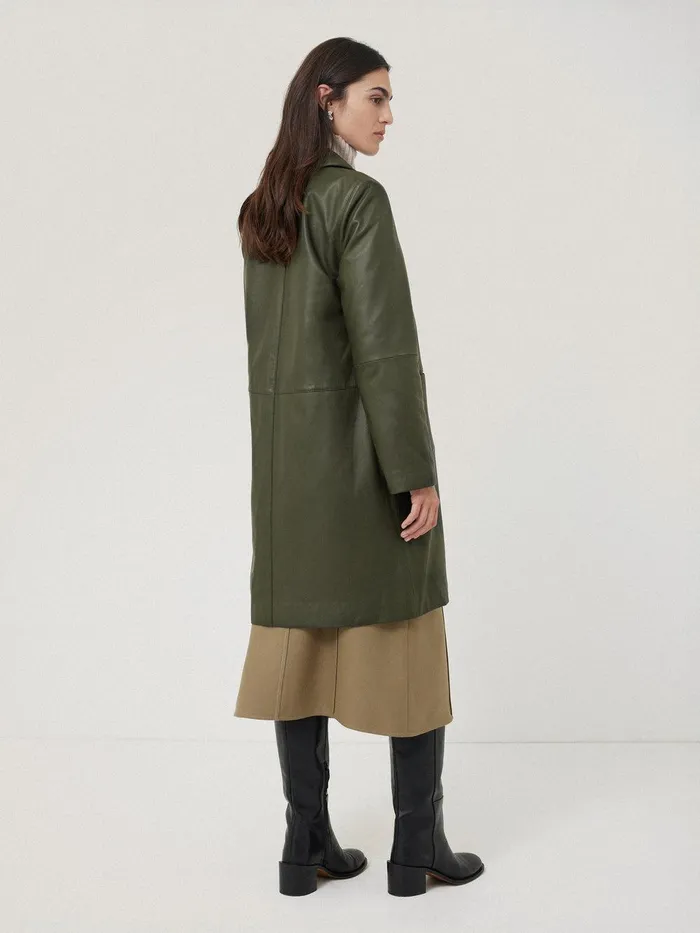 Women Leather Knee Length Coat Green Jigsaw Coats and Jackets