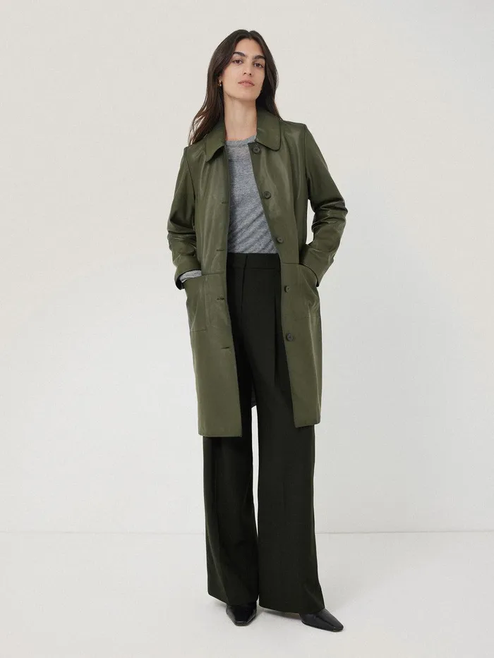 Women Leather Knee Length Coat Green Jigsaw Coats and Jackets