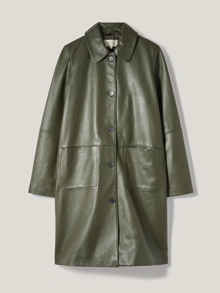 Women Leather Knee Length Coat Green Jigsaw Coats and Jackets