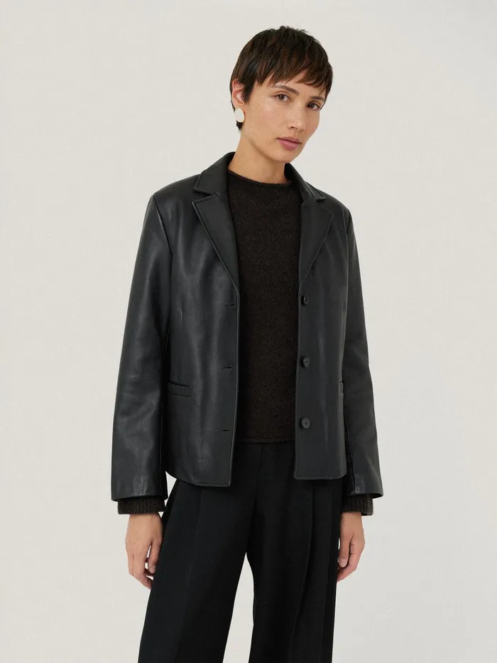 Women Leather Tailored Blazer Black Jigsaw Leather