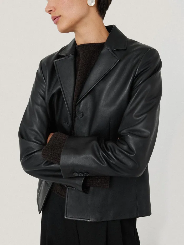 Women Leather Tailored Blazer Black Jigsaw Leather