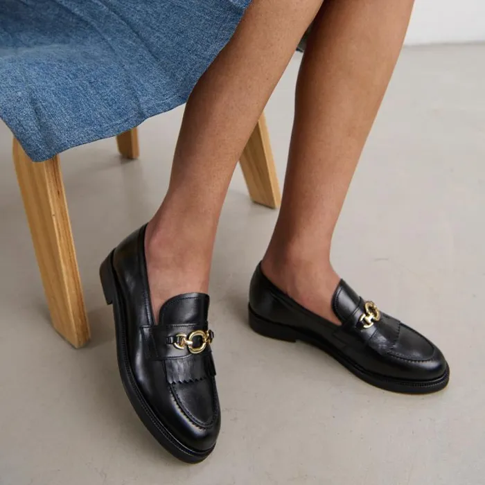Women Loafers With Gold Buckles Black JONAK Loafers