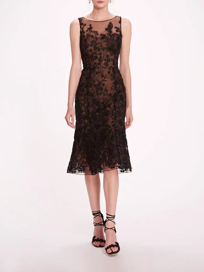 Women Marchesa Marchesa Notte Embroidered Tulle Midi Dress Black