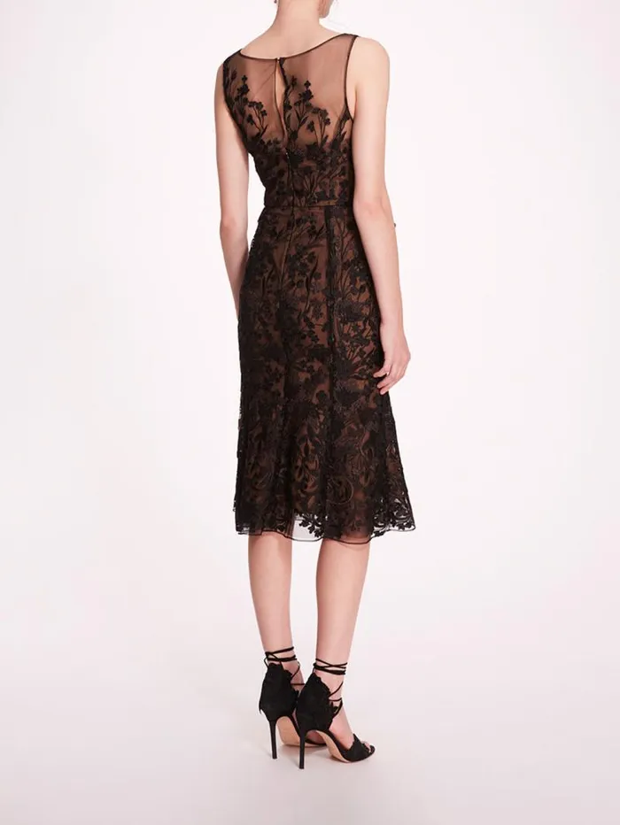 Women Marchesa Marchesa Notte Embroidered Tulle Midi Dress Black