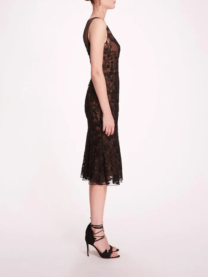 Women Marchesa Marchesa Notte Embroidered Tulle Midi Dress Black