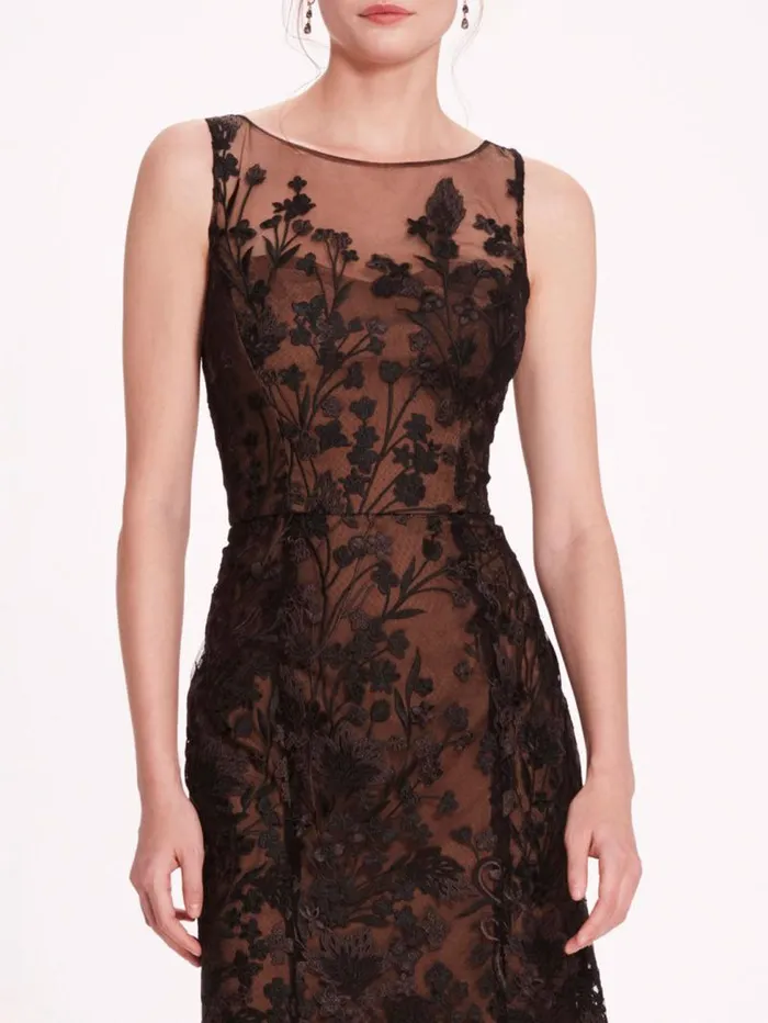 Women Marchesa Marchesa Notte Embroidered Tulle Midi Dress Black