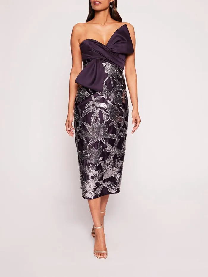 Women Marchesa Marchesa Notte Lotus Sequin Midi Dress Aubergine Gunmetal