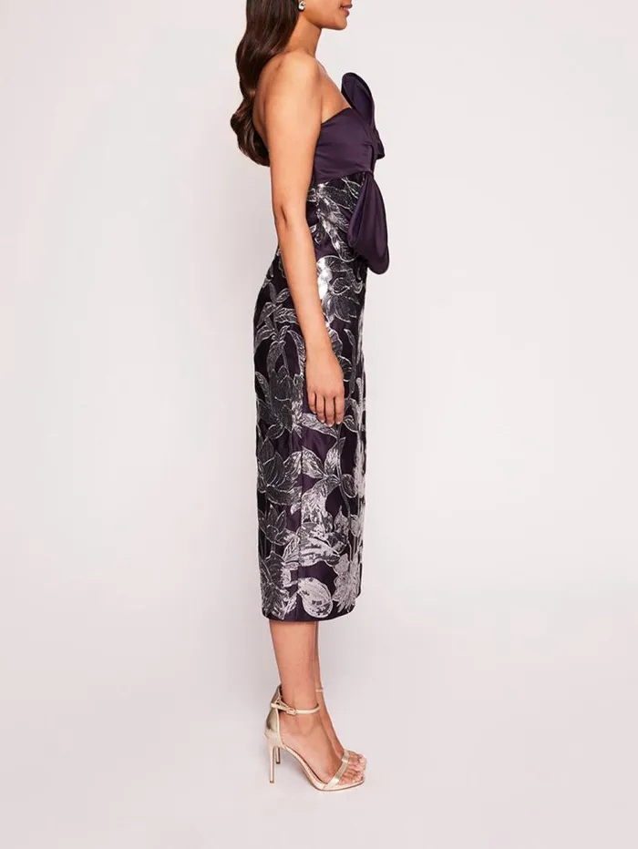 Women Marchesa Marchesa Notte Lotus Sequin Midi Dress Aubergine Gunmetal