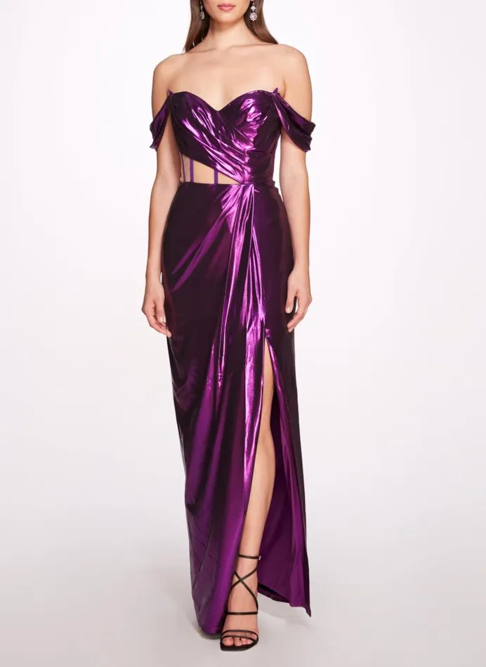 Women Marchesa Marchesa Notte Off Shoulder Lam Gown With Draped Bodice Amethyst