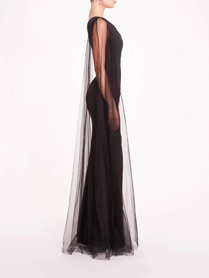 Women Marchesa Marchesa Notte One Shoulder Cape Gown Black
