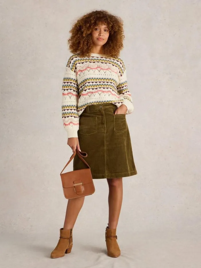 Women Melody Organic Cord Knee Length Skirt Khaki Green White Stuff Skirts