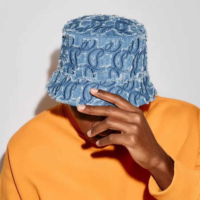 WomenMen Bobino Bucket Hat 8211 Denim Embroidered 8211 Blue Christian Louboutin Hats