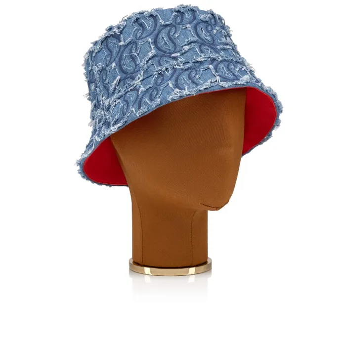 WomenMen Bobino Bucket Hat 8211 Denim Embroidered 8211 Blue Christian Louboutin Hats