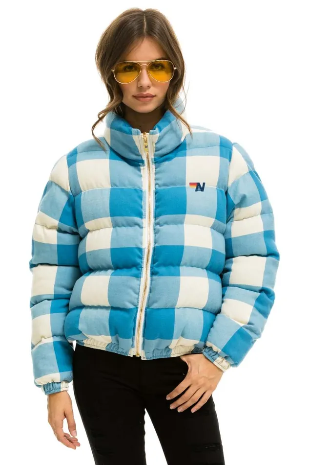 WomenMen Outerwear Aviator Nation APRES PLAID PUFFER JACKET 8211 SKY PLAID