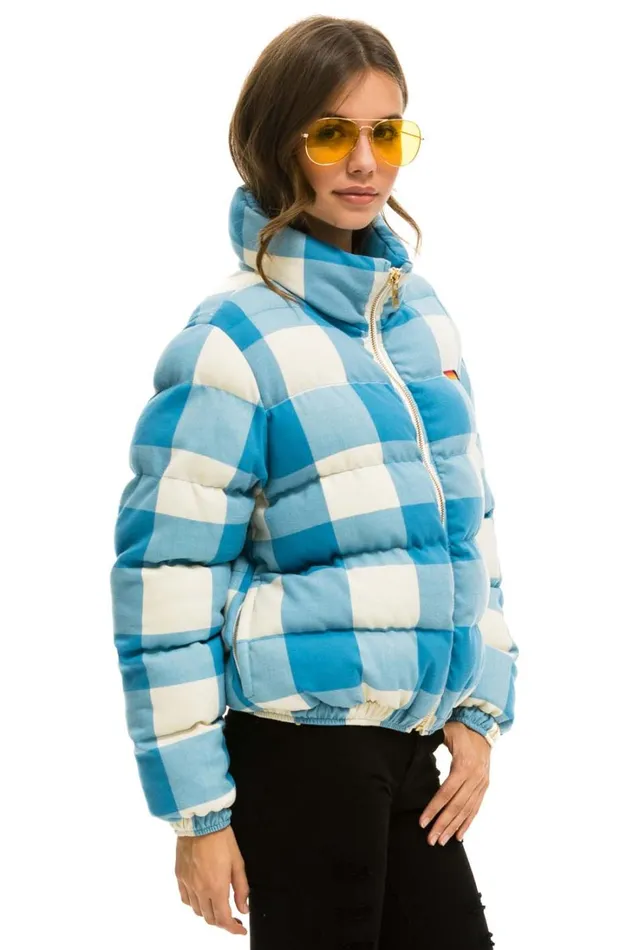 WomenMen Outerwear Aviator Nation APRES PLAID PUFFER JACKET 8211 SKY PLAID