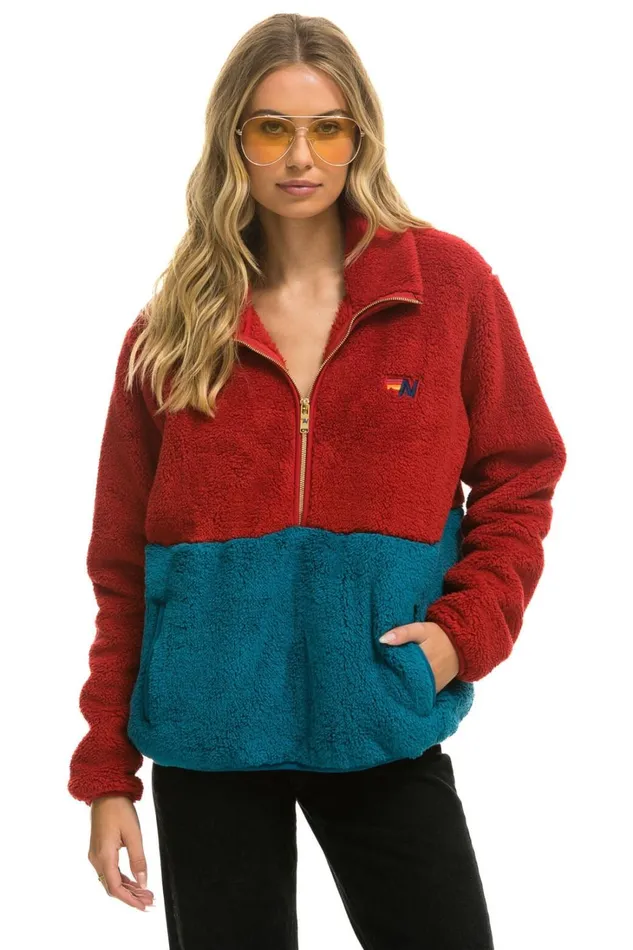WomenMen Outerwear Aviator Nation TEDDY UNISEX HALF ZIP COLOR BLOCK JACKET 8211 CHERRY