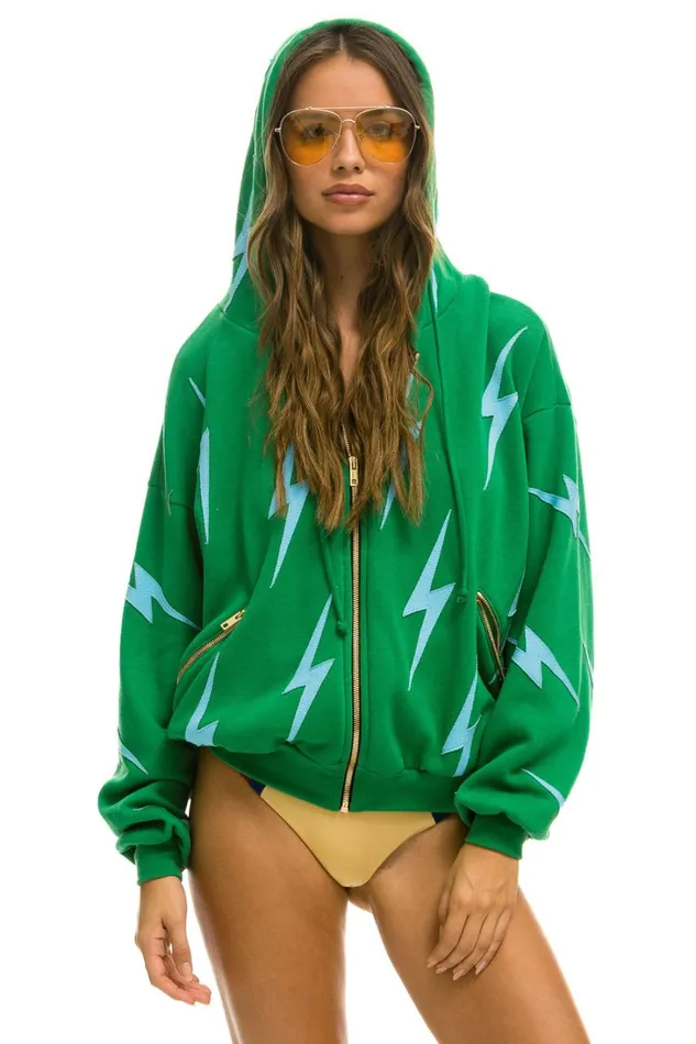 WomenMen Tops Aviator Nation BOLT STITCH REPEAT RELAXED ZIP HOODIE WITH POCKET ZIPPERS 8211 KELLY GREEN BLUE
