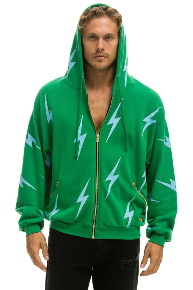 WomenMen Tops Aviator Nation BOLT STITCH REPEAT RELAXED ZIP HOODIE WITH POCKET ZIPPERS 8211 KELLY GREEN BLUE