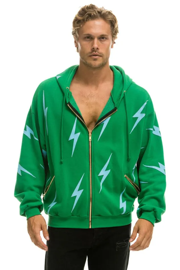 WomenMen Tops Aviator Nation BOLT STITCH REPEAT RELAXED ZIP HOODIE WITH POCKET ZIPPERS 8211 KELLY GREEN BLUE