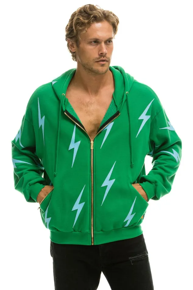WomenMen Tops Aviator Nation BOLT STITCH REPEAT RELAXED ZIP HOODIE WITH POCKET ZIPPERS 8211 KELLY GREEN BLUE