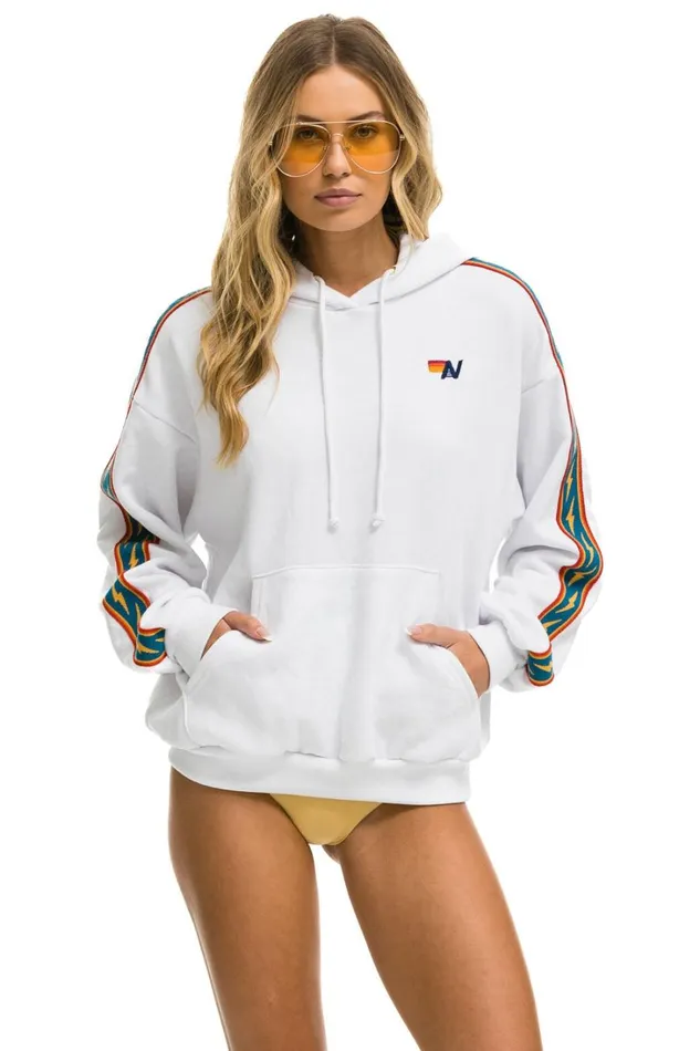 WomenMen Tops Aviator Nation BOLT STRIPE RELAXED PULLOVER HOODIE 8211 WHITE