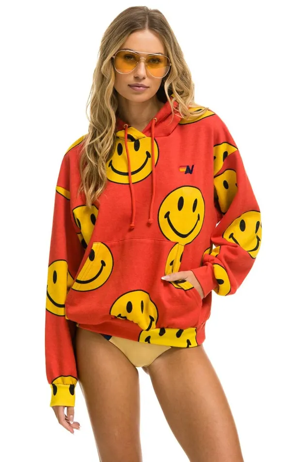WomenMen Tops Aviator Nation SMILEY REPEAT RELAXED PULLOVER HOODIE 8211 RED