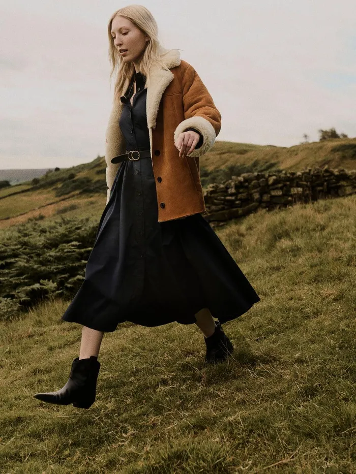 Women Merino Shearling Leather Coat Ginger Jigsaw Coats and Jackets