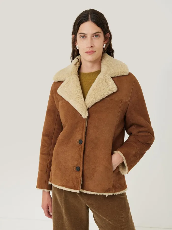 Women Merino Shearling Leather Coat Ginger Jigsaw Coats and Jackets