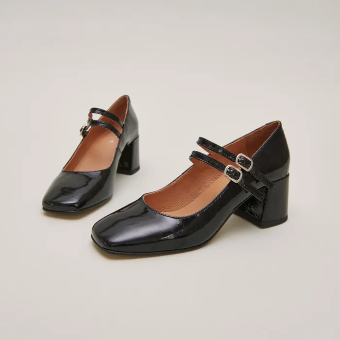 Women Midheeled Booties With Buckle Straps Black JONAK Babies Saloms