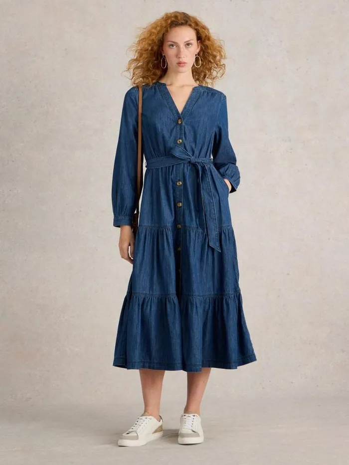 Women Mina Tiered Denim Dress Mid Denim White Stuff Dresses