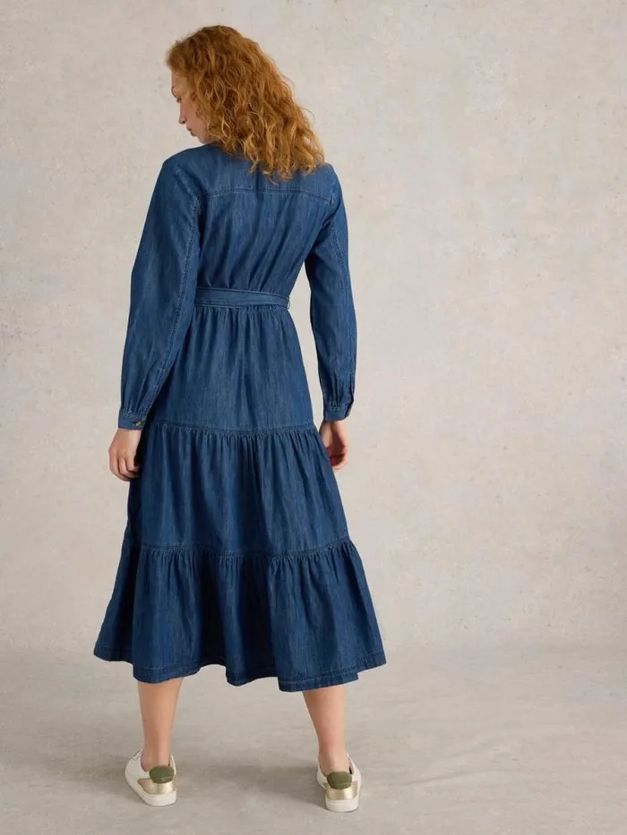 Women Mina Tiered Denim Dress Mid Denim White Stuff Dresses