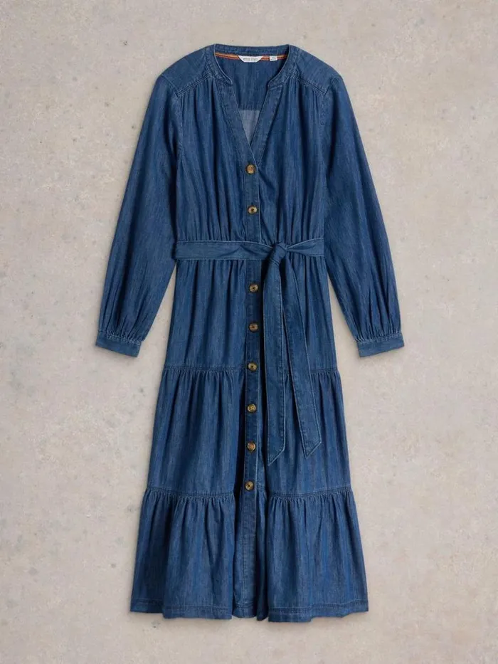 Women Mina Tiered Denim Dress Mid Denim White Stuff Dresses