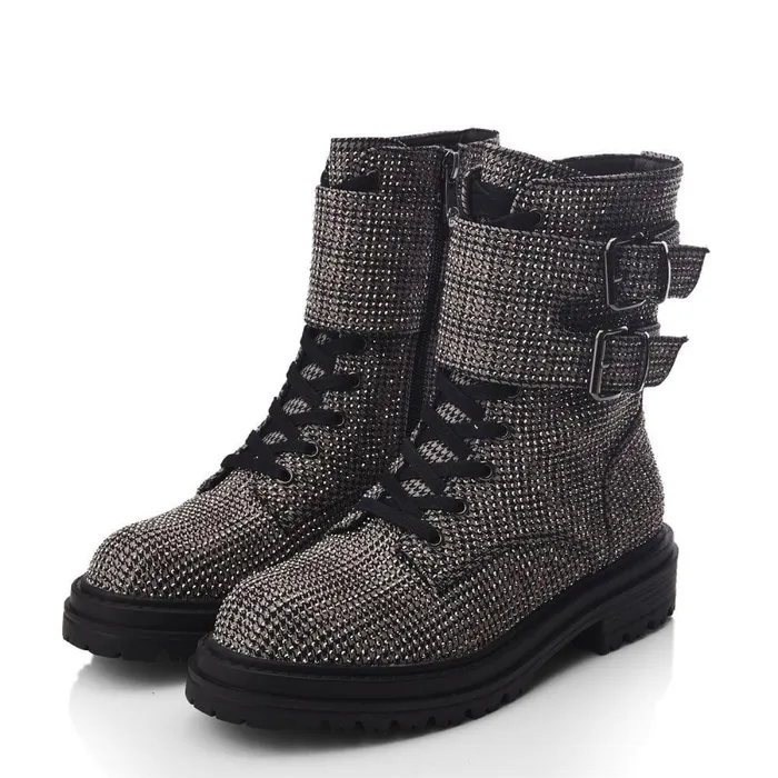 Women Moda In Pelle Chunky Boots Zori Grey Textile