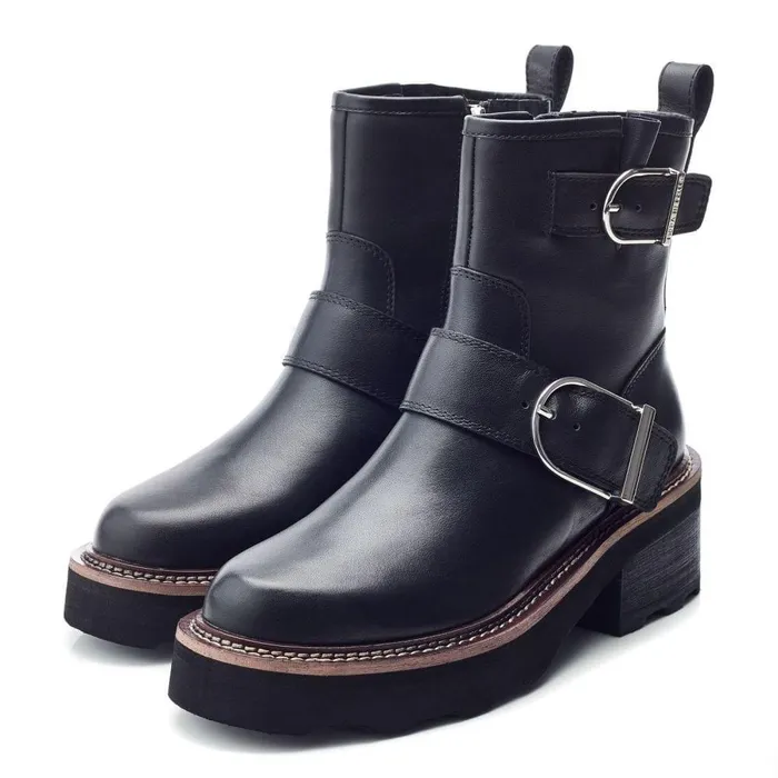 Women Moda In Pelle Heeled And Wedge Boots Barbel Black Leather