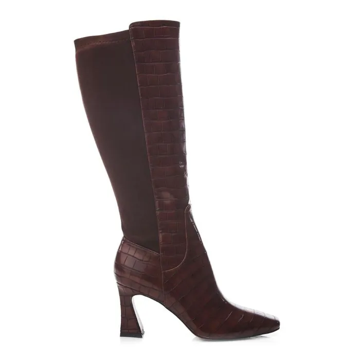 Women Moda In Pelle Knee High Boots Millea Brown Patent Mocc Croc